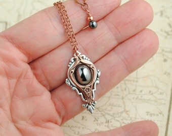Art Nouveau Necklace, Hematite Pendant, Mixed Metal Jewelry, Victorian Necklace, Copper Silver, Renaissance Jewellery, Dark Jewellery NM100