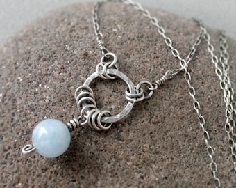Aquamarine Hoop Necklace, March Birthstone, Rustic, Boho, Sterling Silver, Gold, Throat Chakra, Inner Power gemstone, hammered, oxidized