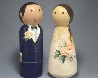 Wedding Wooden Peg Doll Cake Topper with 3D Accessories - Custom made & Personalized