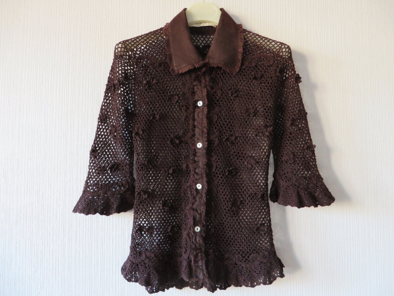 Brown Crochet Cardigan Cotton Lace Jacket Women's Summer