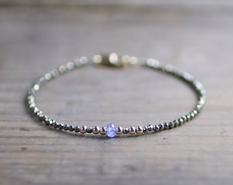 Skinny Pyrite & Tanzanite Bracelet in Sterling Silver or Gold Filled, Sparkly Stacking Delicate Bracelet, Thin Layering Gemstone Bracelet