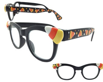 Women's Happy Halloween Clear Lens Glasses with Hand Painted Candy Corn and Polka Dots