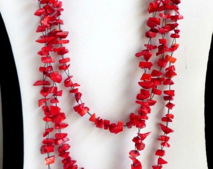 Faux Coral Necklace, Bracelet, Red Bead Jewelry Set, Triple Strand Necklace, Wrap Bracelet, Vintage Demi Parure
