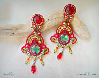 Statement Long Red Gold Soutache Earring, Big Rhinestones Earring, Soutache Earring, Red Gold Green Chandelier Earring, Red Long Earring