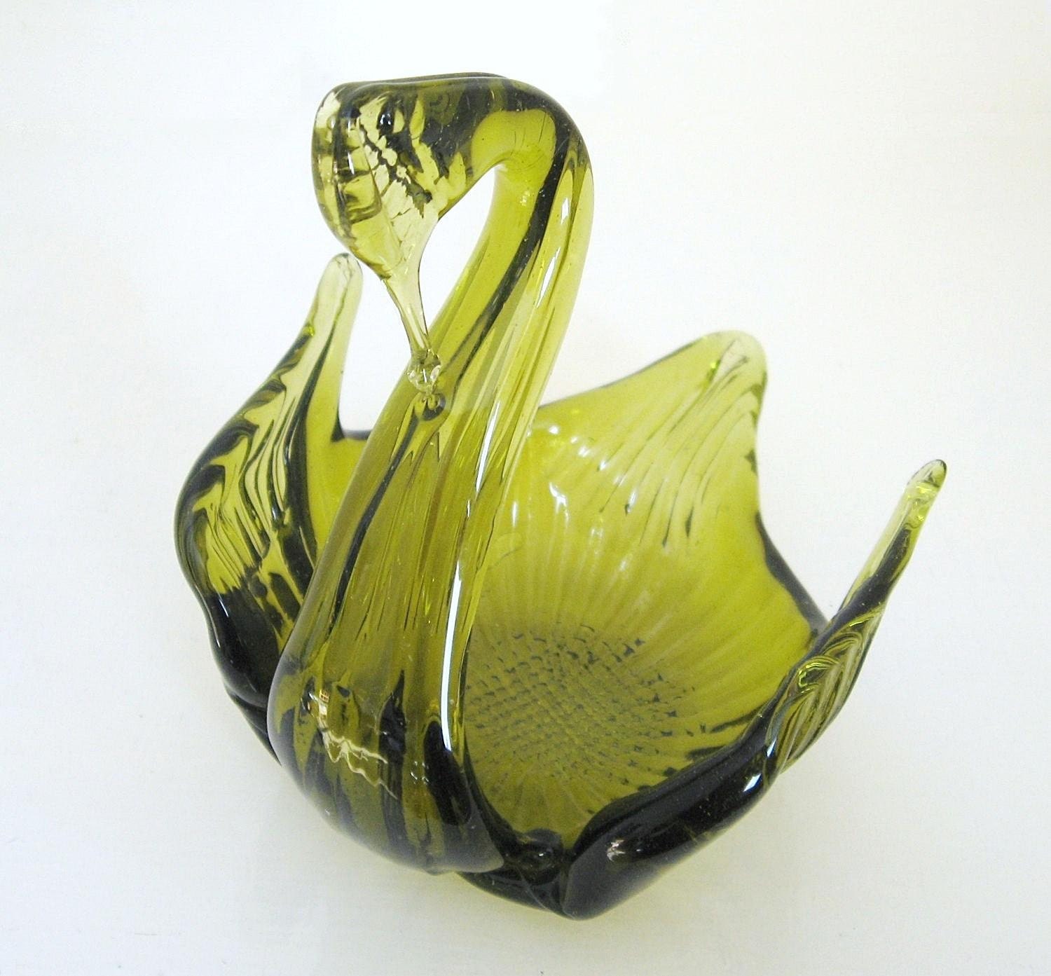 Vintage Lime Green Art Glass Swan Trinket/Sweet Dish