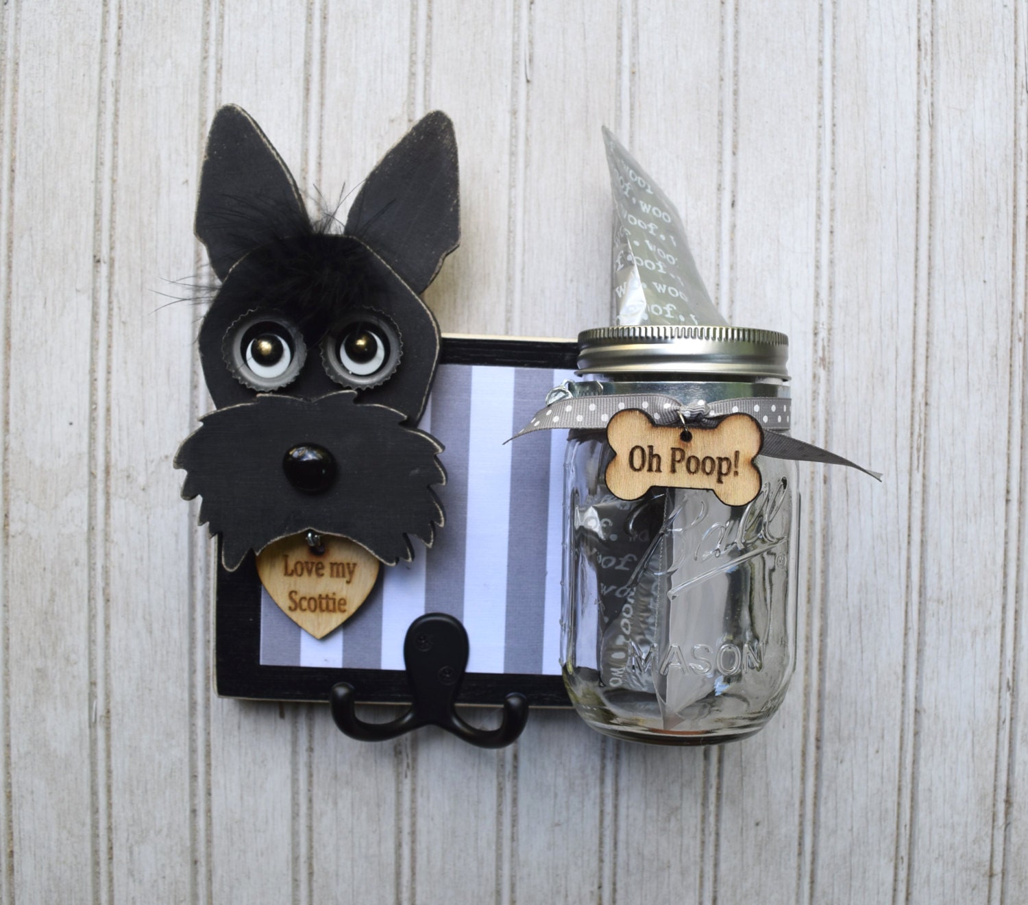Dog leash holder with Poop Bag Jar. Scottie Dog Handmade
