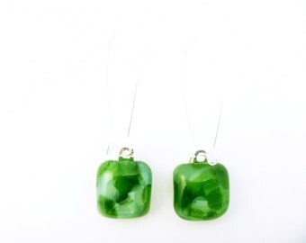 Recycled wine bottle earrings in green and frosted glass on sterling silver/Upcycled glass green and white kiln-fused dangle earrings