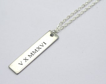 Roman numeral necklace, Engraved Tag necklace, Silver tag necklace, Mens necklace, Unisex necklace, Personalised necklace