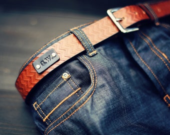 Custom Leather Belt, Handmade personalized gift, Brown stain, Chevron pattern, full grain leather belt, Men's Belt, Custom name initials