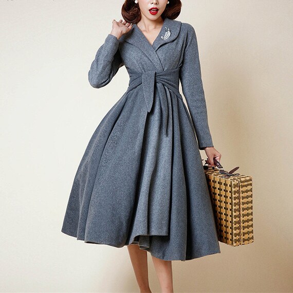 MYK111 Vintage Wool Coat Dress Custom Made Long Sleeves