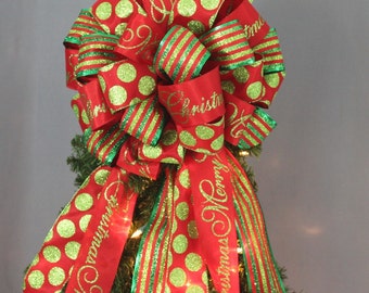 Merry Christmas Sparkle Dot Stripe Christmas Tree Bow - Christmas Tree Topper Bow, Mantel Bow, Garland Bow, Christmas Tree Topper Bow