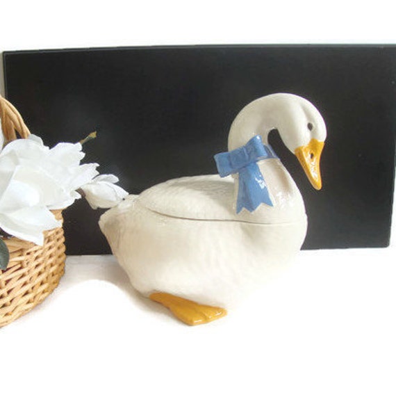 White Duck Cookie Jar 80s Large Duck with Bow by RamblinRanch