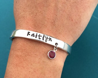 Custom Name Bracelet Hand Stamped with Birthstone Charm Aluminum Cuff - Personalized Gift - Skinny Shiny Bangle - Personalized Jewelry