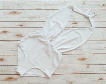 Swimsuit High Waisted Vintage Style One Piece Retro Pin-up Bathing Suit - Ice White Perfect Wedding Honeymoon Bachelorette Swimwear