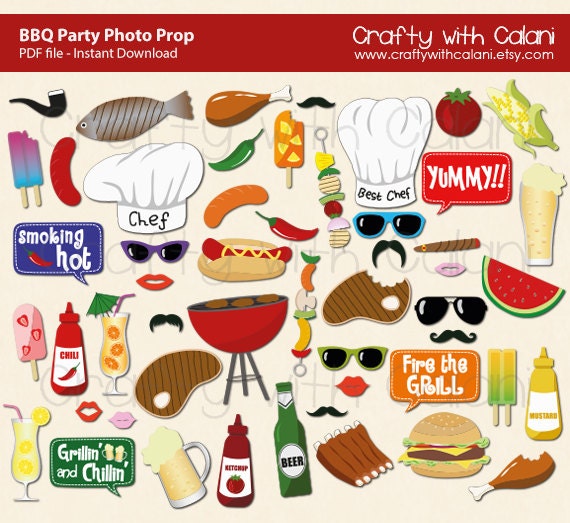 BBQ Party Photo Booth Prop, Summer BBQ Photo Booth Prop, Instant Download, Party Printable, 43 ready print images