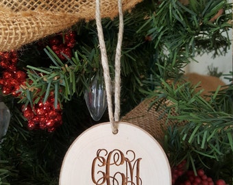 Baby's First Christmas Ornament - Monogram Ornament - Engraved Wood Slice Ornament -