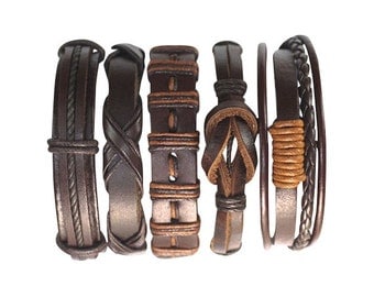 5 Individual Men's Handmade Brown Leather Bracelets For One Great Price 5P-422