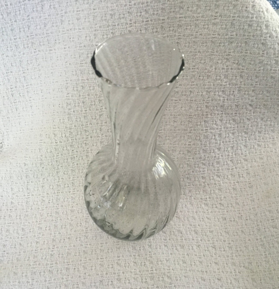 Swirled Clear Glass Vase Hand Blown Glass Rippled Rim