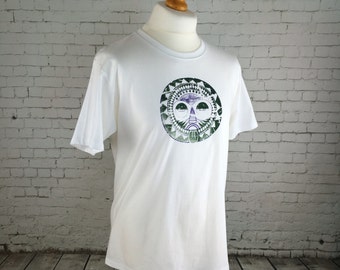 VENDITA maschile, casual T-shirt, t-shirt bianca, design maschera, maschera sulla camicia, stampata a mano 2 colore bianco stampa T-shirt, t smart di grunge