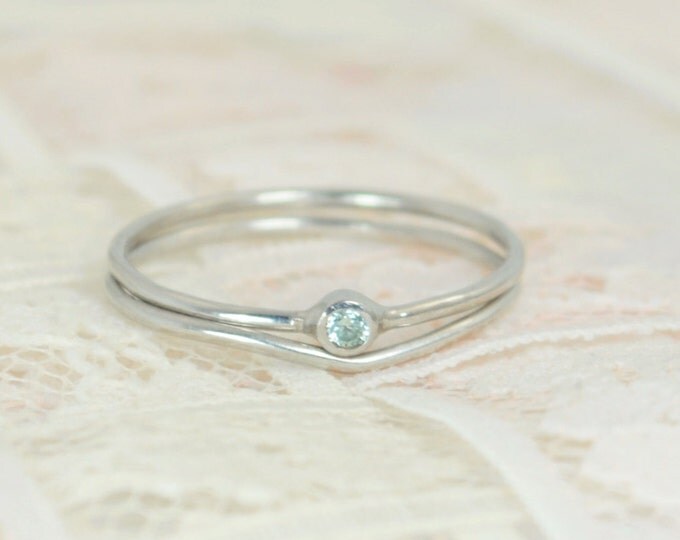 Tiny Aquamarine Ring Set, Solid White Gold Wedding Set, Aquamarine Stacking Ring, White Gold Aquamarine Ring, March Birthstone, Bridal Set