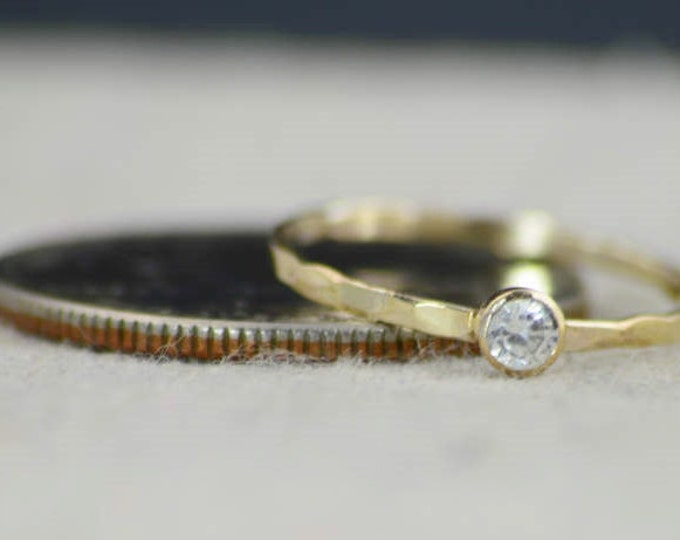 Dainty Gold Filled CZ Diamond Ring, Hammered Gold, Stacking Rings, Mothers Ring, April Birthstone Ring, Diamond Ring, Rustic Diamond Ring