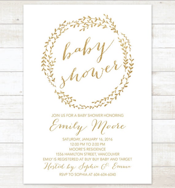 baby shower invitation white gold wreath shower invitation