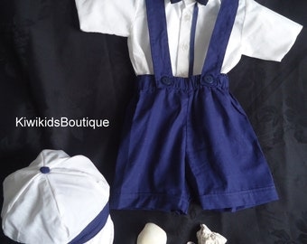 Baby sailor outfit,baby boy navy shorts,bow tie,ring bearer outfit,baby onesie,christening suit,boys suspender,boys bow tie,boy shorts,