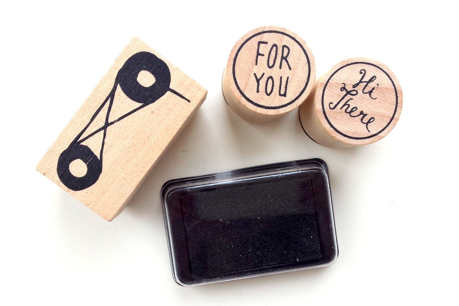 Set of 3 wooden rubber stamps including 1 black ink pad