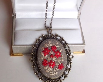 Hand Embroidery Jewelry Gift for Mom Embroidered Flower Necklace Unique Necklaces for Women Fabric Necklace Fabric Pendant