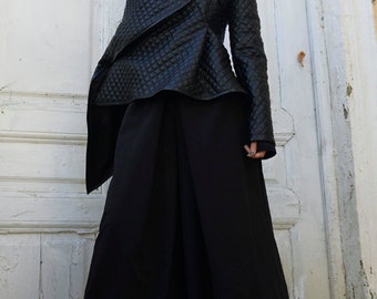 Black Leather Jacket / Asymmetrical Short Coat / Sexy Zipper Jacket / Extravagant Pattern Cardigan / Black Asymmetric Coat by METAMORPHOZA