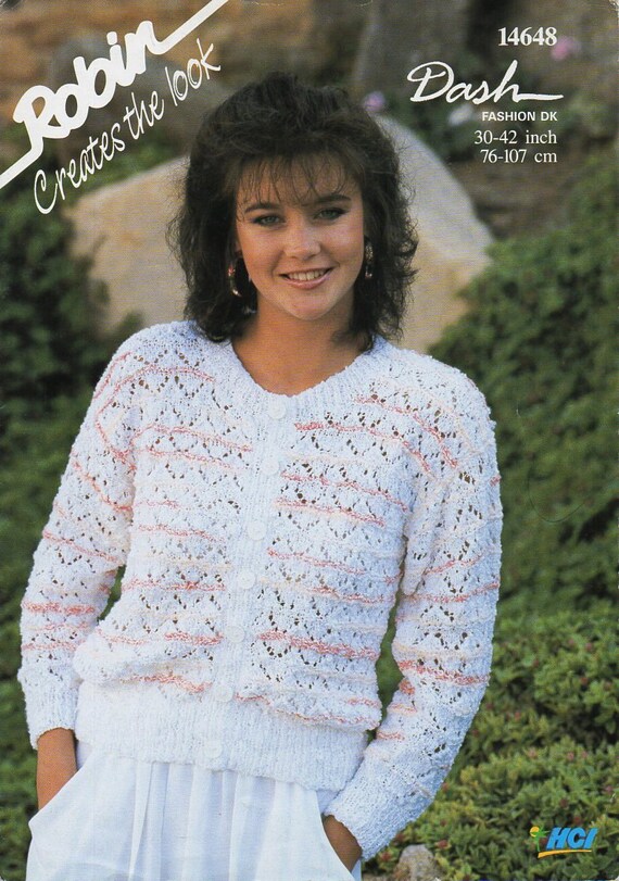 womens DK cardigan knitting pattern PDF ladies lacy jacket round neck