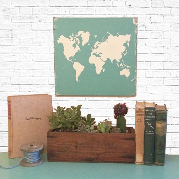 World Map Wall Decor Turquoise and White by AlchemyHomeDecor