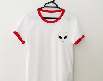 Alien Shirt Pocket Tee Ringer T Shirt Tumblr Shirt for teens teenage girl clothes gifts Graphic Tee Women T-shirts