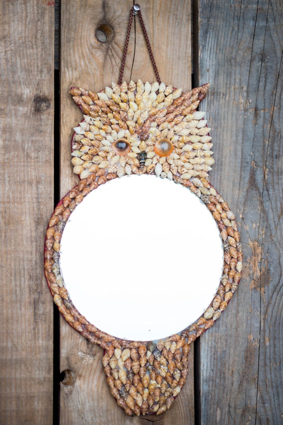 Vintage Seashell Owl Mirror Kitsch Owl Decor Retro