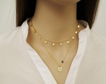 Circle Tags Necklace, Multi Coin Necklace, Mini Coin Drop Choker, Gold Disk Drop Choker, Multi Disk Necklace, Boho / 6mm / N306
