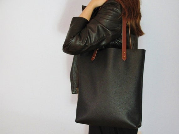 Black leather tote real leather shopper leather bag by FidelioBags