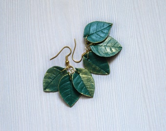 Birthday gift|for|her Elegant earrings Green earrings Green leaf jewelry Gold and green jewelry Green and gold earrings Bridesmaid earrings