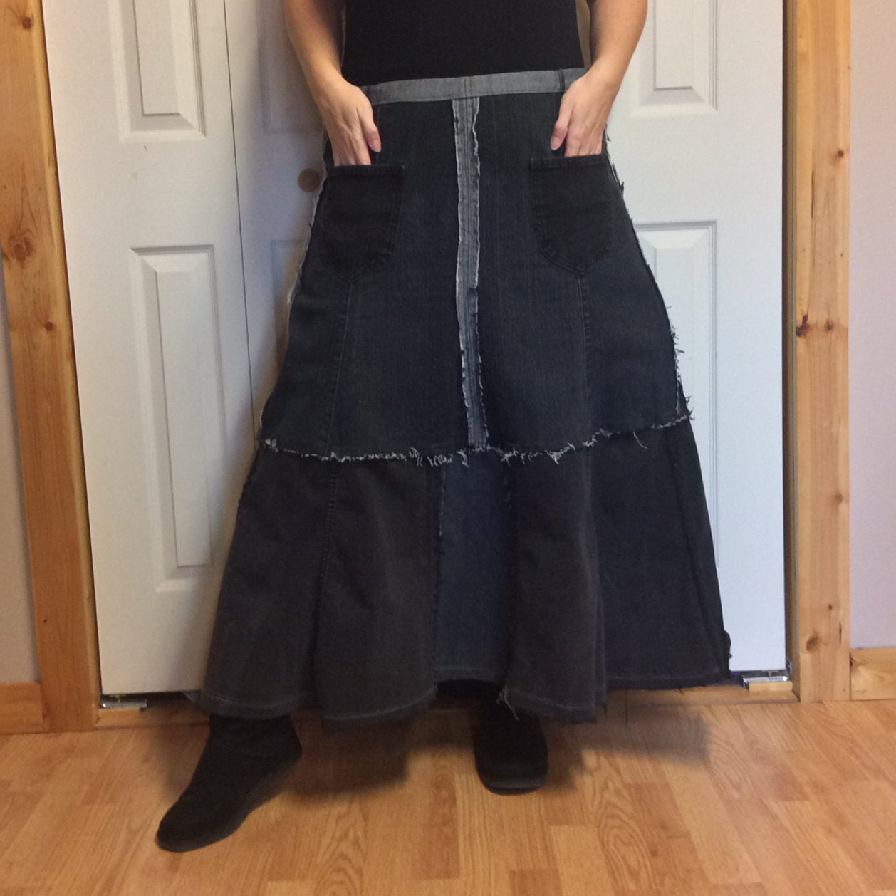 Long Black Denim Skirt Size 2XL/Patchwork Skirt with