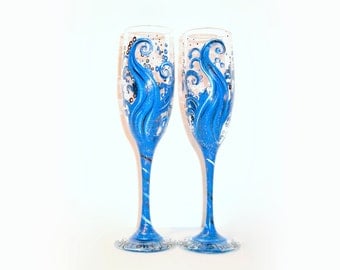 Wedding Glasses Ocean Blue Wave Hand Painted Set of 2 - 6 oz. Champagne Flutes Deep Blues Silver Dark Blue / Wedding, Anniversary