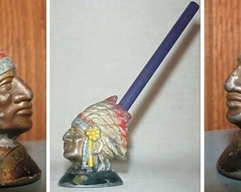 Vintage Indian Chief Pencil Holder, Metal American Indian Bust, Collectible Souvenir, Desk Top, Man's Cave, Gift for HIm, Father's Day,