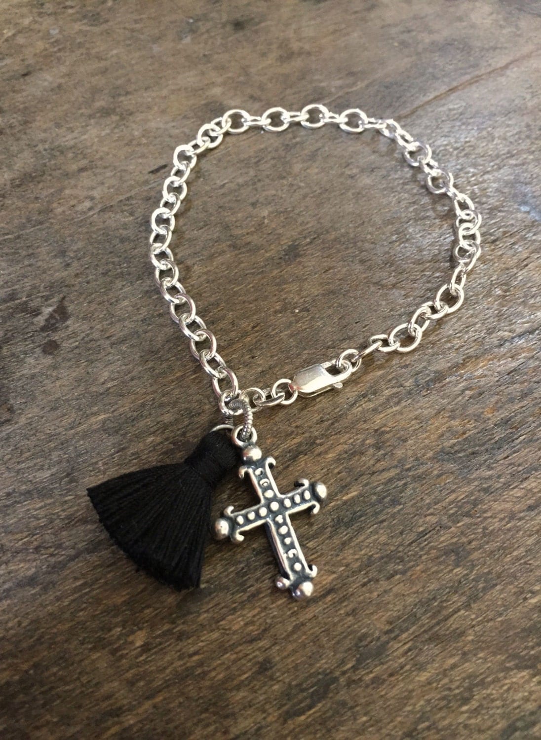 SALE Religious Jewelry Cross Tassel Bracelet Sterling Silver