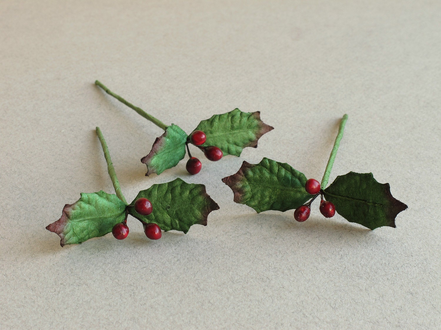 12 Holly with Berries Paper holly leaves with Wire Stems