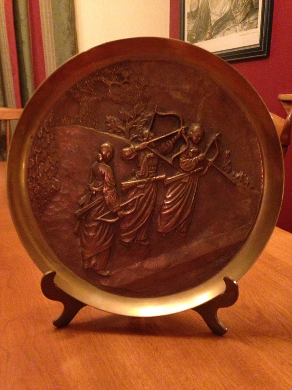 Unique Vintage Solid Brass Korean Plate Depicting Women