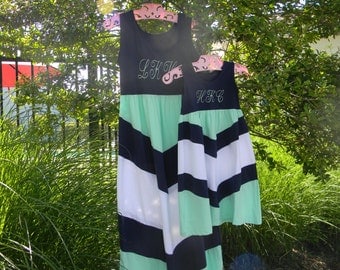Mother daughter matching dress, Mommy and Me Dress in Blue and Green Chevron Maxi Dress. Monogram On Front Of Each Dress