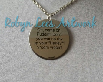 Harley Quinn Puddin Rev Up Your Harley Engraved Stainless Steel Disc Necklace on Silver Chain, Black Faux Suede Cord. Suicide Squad, Joker