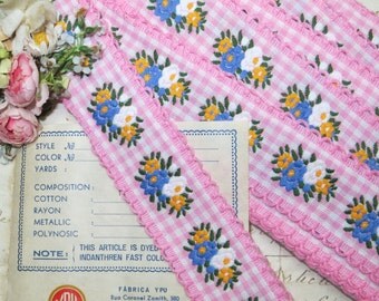 1y PINK PLAID FLOWER Trim Picot Edge Ribbon Gingham Jacquard Trim Spanish Cotton Plaid Check Millinery Hat French Rococo Rosette Metal Picot