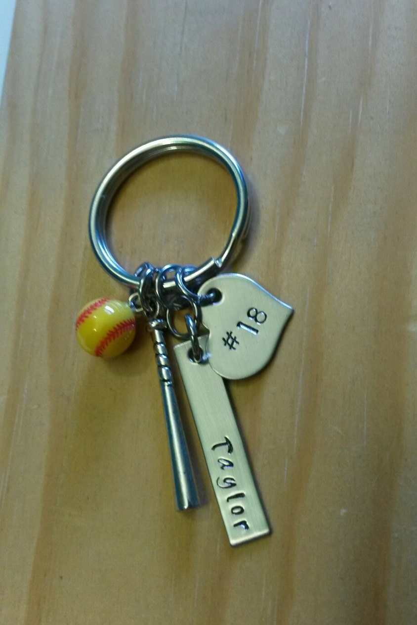 Hand Stamped Personalized Softball Keychain Bat Bag Charm