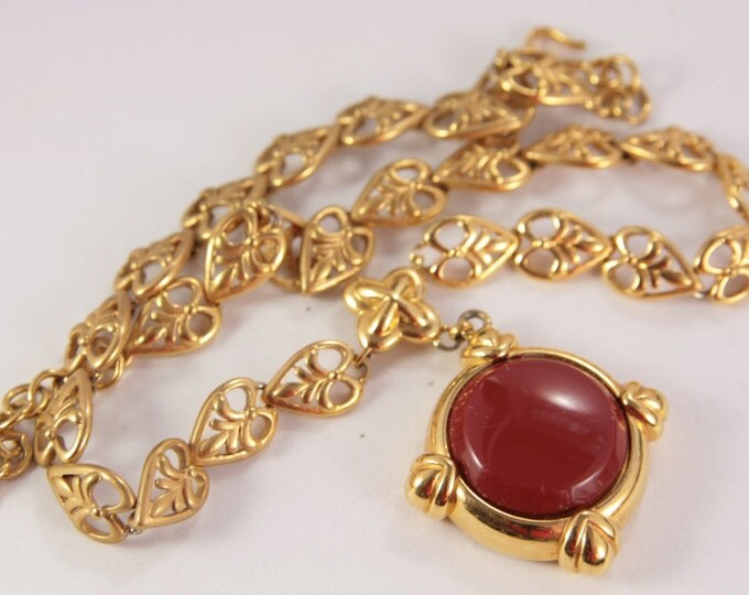 Red Jasper Necklace Monet Signed Necklace Vintage Deep Red Pendant Jewelry Medallion Necklace
