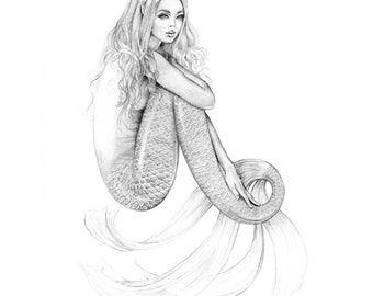 Mermaid Art Starfish Original Drawing Black & White