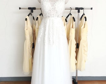 Beach wedding dress, Boho wedding dress, lace wedding dress, see through wedding dress, sleeveless V-back alencon lace with tulle skirt
